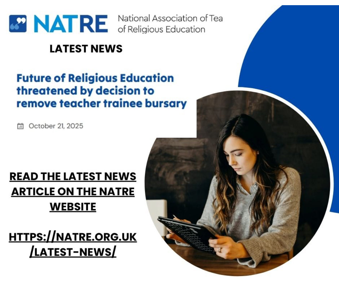 Read the latest NATRE news article on the removal of the teacher trainee bursary and the impact this will have on the future of Religious Education. natre.org.uk/latest-news/