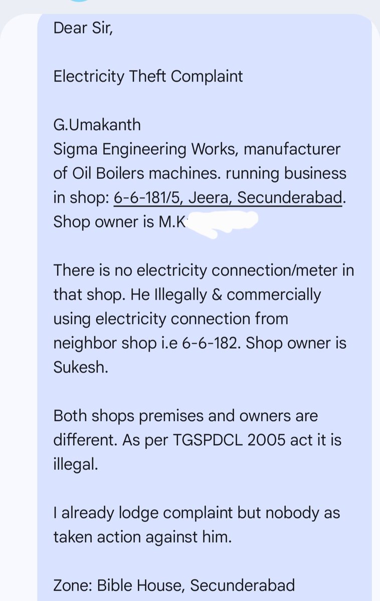 manmohanb76's tweet photo. Electricity Theft Complaint

Sigma Engg Works, running business in shop: 6- 6- 181/5, Jeera, Sec-bad illegally using electricity from neighbor shop i.e 6-6-182. As per TGSPDCL 2003 act it is illegal. No action taken yet.

Div: Bible House

@TelanganaCMO @revanth_anumula @tgspdcl https://t.co/1YyGYiI1KU