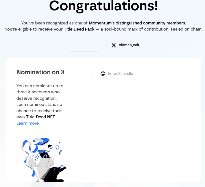 [Momentum Deed NFT 추천 기버웨이]

<a href="/buidlpad/">Buidlpad Ⓜ️Ⓜ️T</a> 에서 세일을 앞둔 <a href="/MMTFinance/">MomentumⓂ️Ⓜ️T</a> 의 Deed SBT대상자 세 분을 추천할 수 있게 되어서 이벤트를 진행합니다

✅ Deed?

- Momentum에서 출시하는 15,000개의 SBT 컬렉션
- 별도의 민팅 비용없이 생태계 참여자 대상 에어드랍
- VIP 패스 역할 및 $MMT 토큰