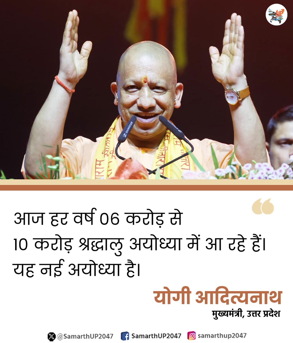 SamarthUP2047's tweet photo. आज हर वर्ष 06 करोड़ से 10 करोड़ श्रद्धालु अयोध्या में आ रहे हैं। यह नई अयोध्या है: #UPCM श्री @myogiadityanath जी

#UPYogiVision2047 https://t.co/Ceerc4xGFN