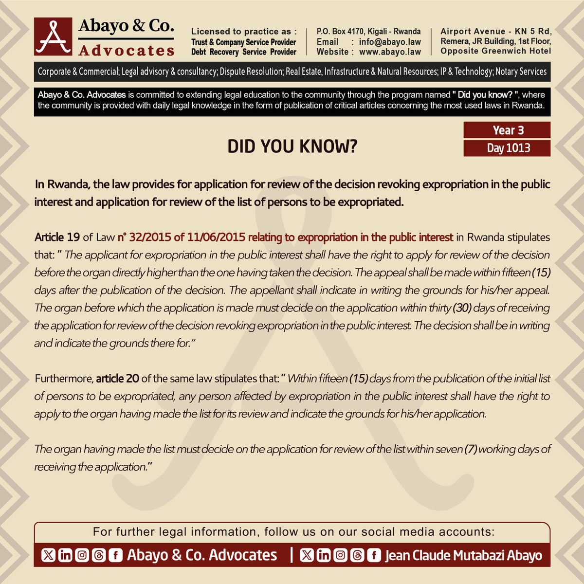 ◉  Are you aware of application for review of the decision revoking expropriation in the public interest?

◉  Are you aware of application for review of the list of persons to be expropriated?

This is what the law provides ⤵️ 

#ReadtoKnowtheLaws #SomaUmenyeAmategeko