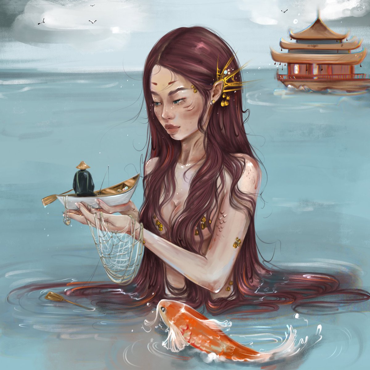 what i saw, what I painted 

A ningyo is the Japanese equivalent of mermaid
According to legend, if a sailor caught such a mermaid, it was a bad sign, and as a rule, they were thrown back
In my interpretation, it is now the fisherman who has become “the catch”

Own <a href="/Sneketoshi/">Sneketoshi</a> 🩵