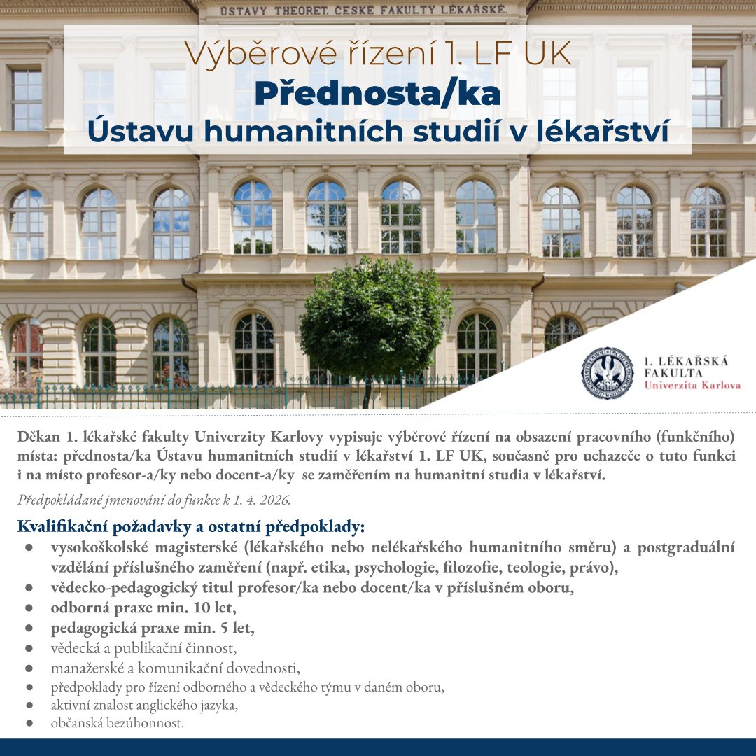 researchjobs_cz's tweet image. Výběrové řízení 1. LF UK @1LFUK1 na obsazení pracovního (funkčního) místa: přednosta/ka Ústavu humanitních studií v #lékařství
Více na: researchjobs.cz/uG6n9
#etika #psychologie #filozofie #teologie #právo