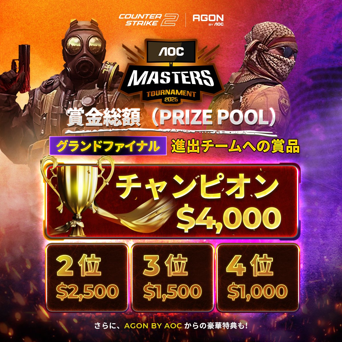 AGONBYAOCJP's tweet image. AOC Masters Tournament 2025

💰 AOC Masters 2025 の総賞金は9,000ドル以上！

🥇 1位：$4,000
🥈 2位：$2,500
🥉 3位：$1,500
🏅 4位：$1,000

🌐 今すぐ登録：aocmasters2025.com

#AOCMasters2025 #CS2