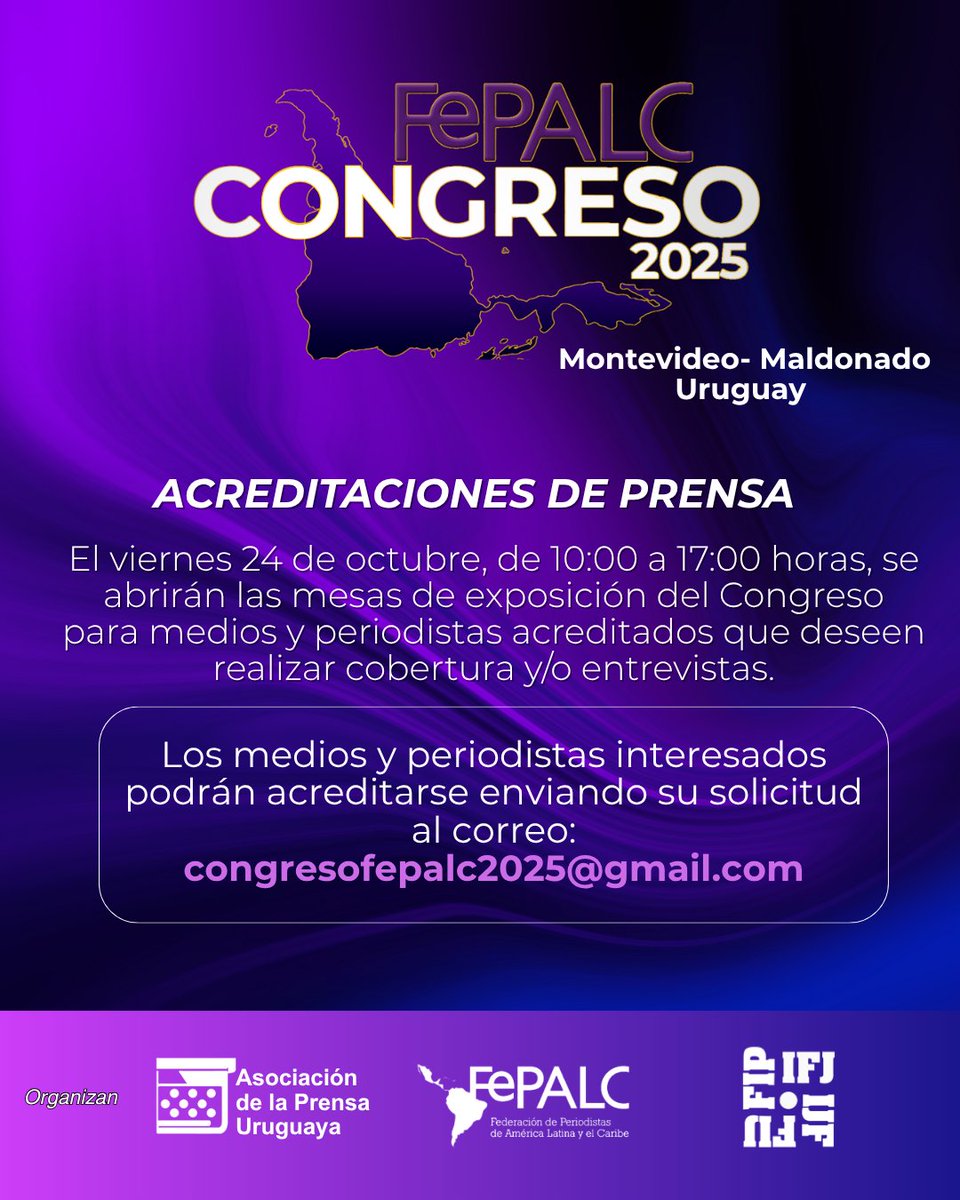 🎙️ Acreditaciones de prensa

El jueves 24 de octubre, de 10:00 a 17:00 horas, se abrirán las mesas de exposición del Congreso FEPALC 2025 en Montevideo y Maldonado.
Los medios y periodistas que deseen realizar cobertura o entrevistas pueden acreditarse enviando su solicitud a:
📩