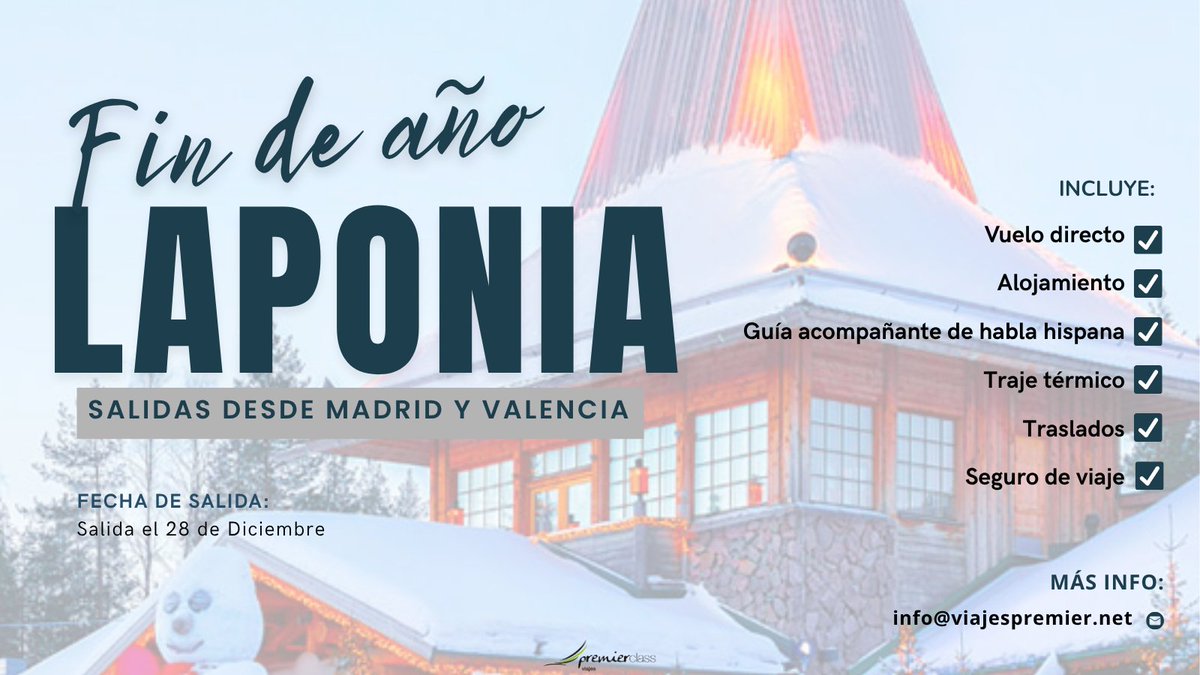 ✨ Despide el año en un lugar mágico: ¡Laponia!
Vive una aventura entre nieve, auroras boreales y espíritu navideño 🎅
Salidas desde Madrid y Valencia el 28 de diciembre.
👉Más info: info@viajespremier.net
viajespremier.net/tours/especial…