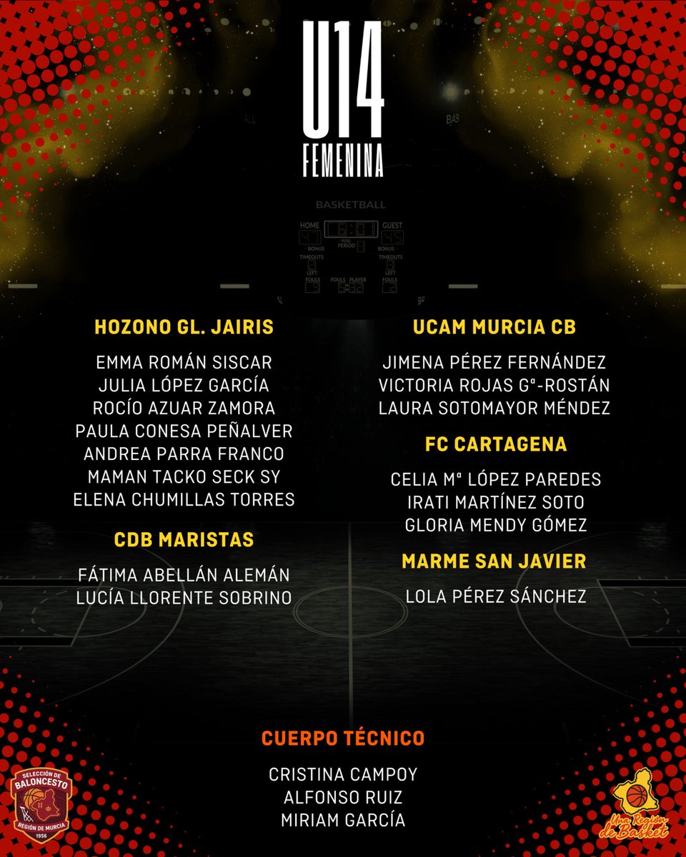 🎽 𝗖𝗼𝗻𝘃𝗼𝗰𝗮𝘁𝗼𝗿𝗶𝗮 𝗦𝗦𝗔𝗔 - 𝟮𝟲/𝟭𝟬/𝟮𝟬𝟮𝟱 🎽

Este domingo, en San Javier, trabajarán las Pre-Selecciones de la Región de Murcia 🏀

La U14F está citada, a las 11:00, en el Pabellón Auxiliar de San Javier y finalizará a las 17:30 en el IES Ruiz de Alda ⛹🏻‍♀️