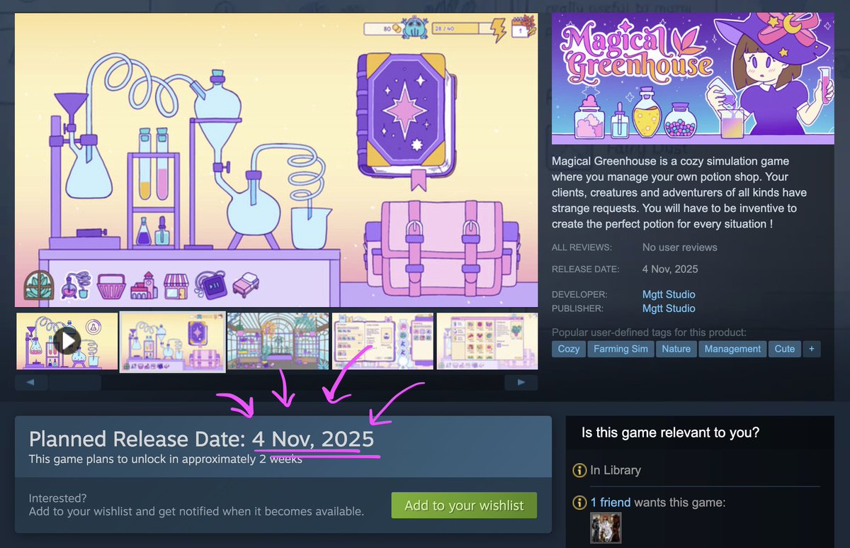 Lya_Mgtt's tweet image. Hey there! Our game Magical Greenhouse, that we worked on for 1+ year will be released on Nov 4! Thank you so much everyone for your support, we can't wait for you to try it! ✨🎉
#indiegame #indiedev #gamedevs #cozygame #wishlistwednesday