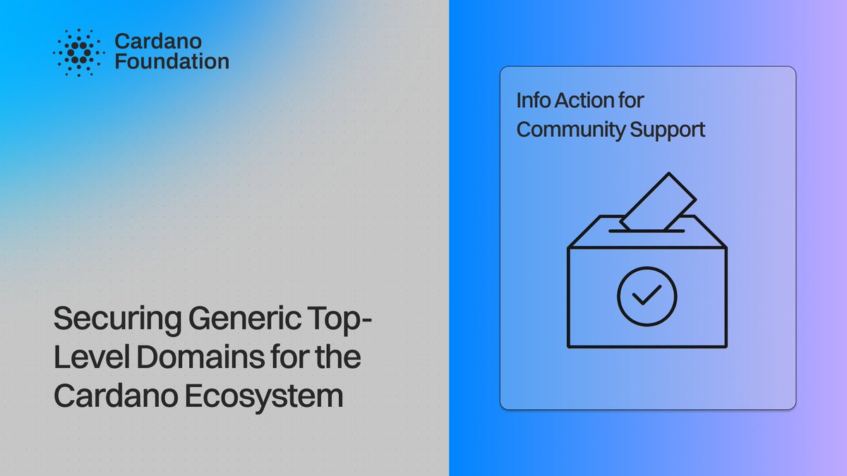 The Cardano Foundation plans to apply for the .ada and .cardano generic Top-Level Domains (gTLDs). 🌐

Fully funded by the Foundation, this initiative aims to enhance trust, accessibility, and innovation across the Cardano ecosystem.

More details below.