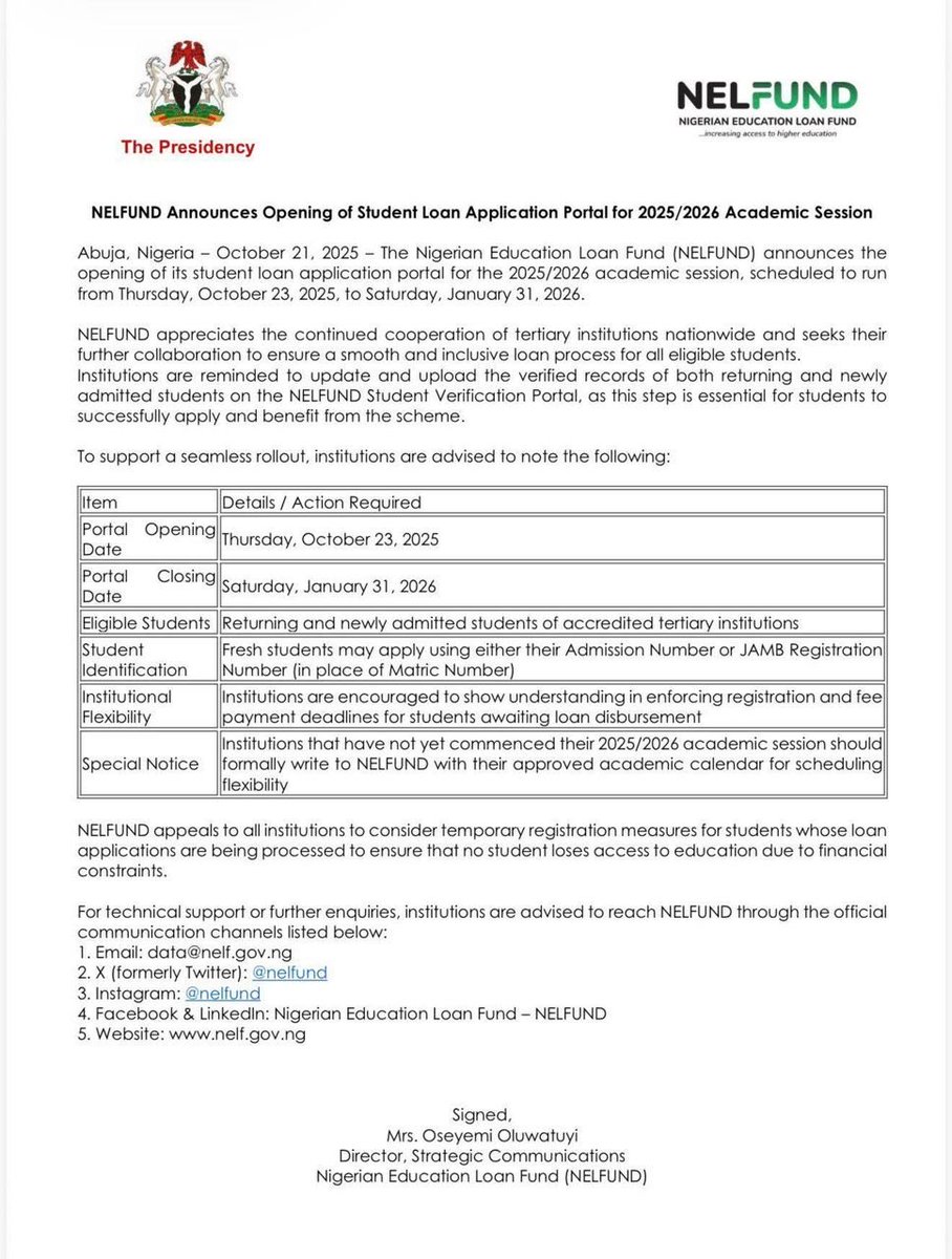 The Nigerian Education Loan Fund (NELFUND) has opened its online portal for student loan applications for the 2025/2026 academic year. 

The application period runs from October 23, 2025, to January 31,2026.