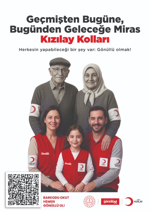 Poster shows elderly couple in traditional clothing standing behind younger family in red vests with white crescent logos arms linked smiling together against white background with Turkish text on heritage from past to future and volunteer opportunities plus QR code at bottom. Another poster depicts mother and three children two boys and girl in red vests with reflective strips smiling and standing together with text encouraging girls to join village and text on education for all plus QR code. Third poster illustrates process of becoming voluntary teacher with laptop screen showing application form icons for document upload training and school assignment with three figures and text explaining steps plus website and QR code.