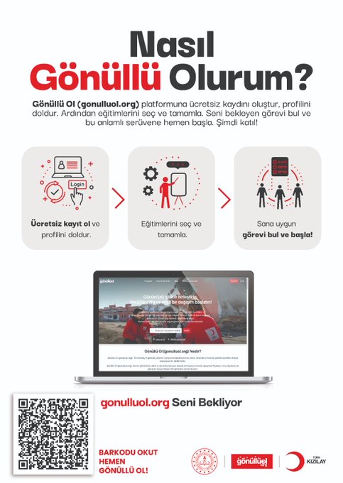 Poster shows elderly couple in traditional clothing standing behind younger family in red vests with white crescent logos arms linked smiling together against white background with Turkish text on heritage from past to future and volunteer opportunities plus QR code at bottom. Another poster depicts mother and three children two boys and girl in red vests with reflective strips smiling and standing together with text encouraging girls to join village and text on education for all plus QR code. Third poster illustrates process of becoming voluntary teacher with laptop screen showing application form icons for document upload training and school assignment with three figures and text explaining steps plus website and QR code.