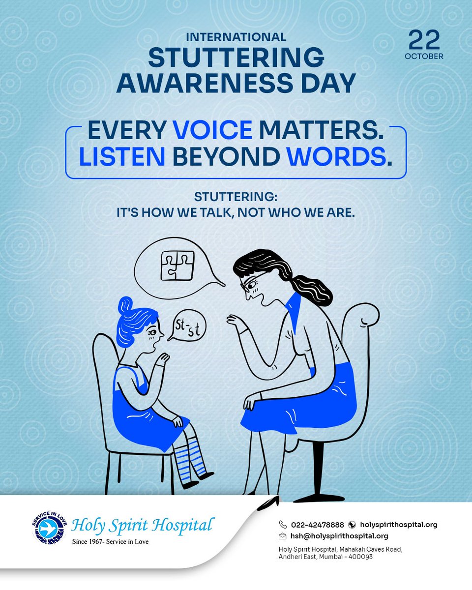 International Stuttering Awareness Day 💙

Every voice matters — listen beyond words. Let’s break the stigma, show patience, and build a world where everyone feels heard and valued.

#StutteringAwarenessDay #EveryVoiceMatters #EndTheStigma #SpeechTherapy #HolySpiritHospital