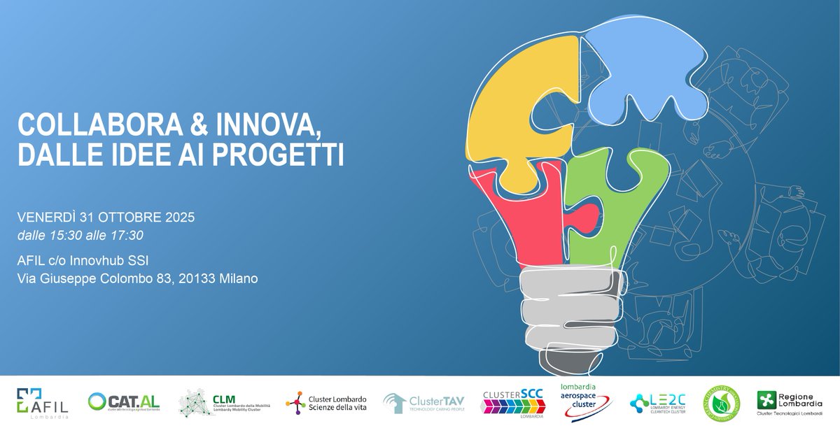 I 9 Cluster Tecnologici Lombardi, tra cui il LAC, organizzano l'incontro “Collabora &amp; Innova, dalle idee ai progetti”, nell'ambito del bando di <a href="/RegLombardia/">Regione Lombardia</a> “Collabora &amp; Innova”. L'evento, ospitato da <a href="/Cluster_AFIL/">AFIL-Associazione Fabbrica Intelligente Lombardia</a>, si terrà il 31 ottobre 2025 alle 15:30 alle  in Innovhub #9CTL