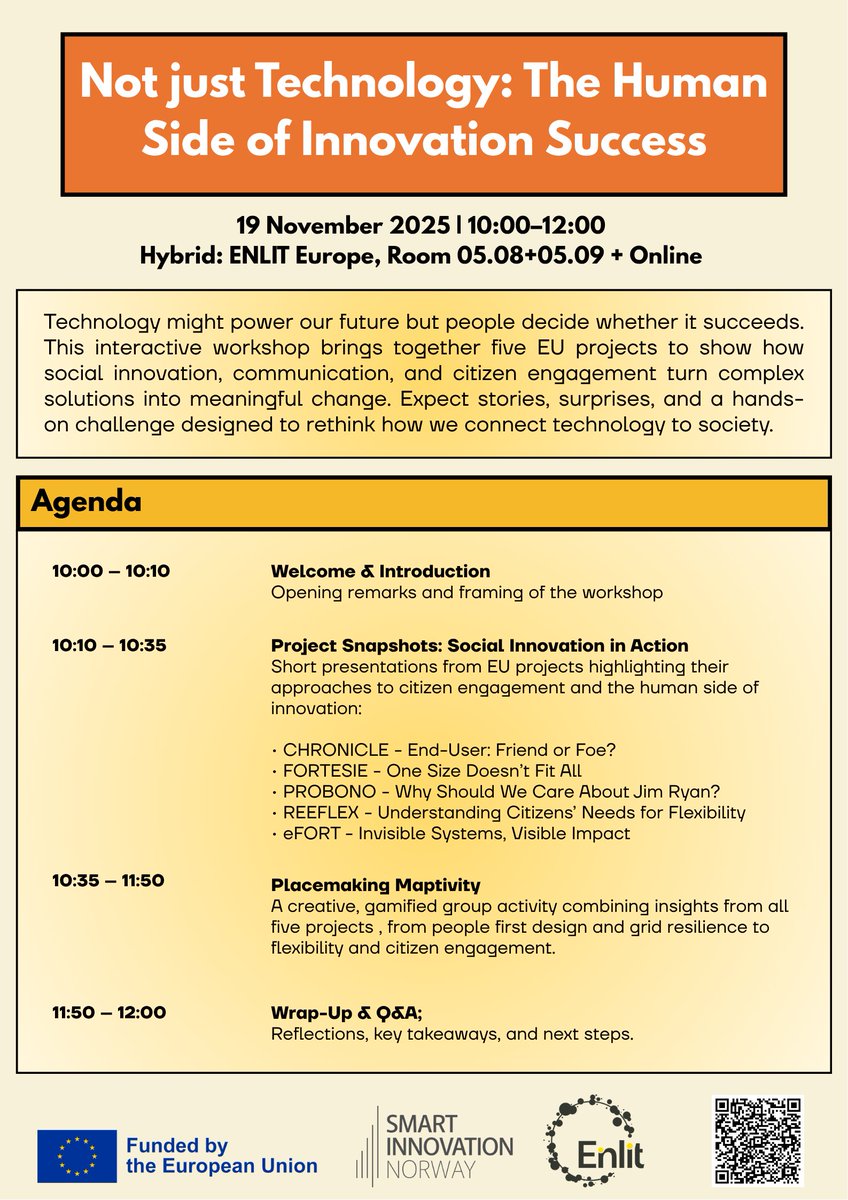 <a href="/probonoh2020/">ProbonoH2020</a> is co-hosting a Hybrid workshop that flips the script - putting people at the centre of innovation at <a href="/Enlit_Europe/">Enlit Europe</a> 2025.
📢 Not Just Technology: The Human Side of Innovation Success
📅 19 November 2025, 10:00–12:00 CET
Learn more 👇
events.teams.microsoft.com/event/1ad5bb31…