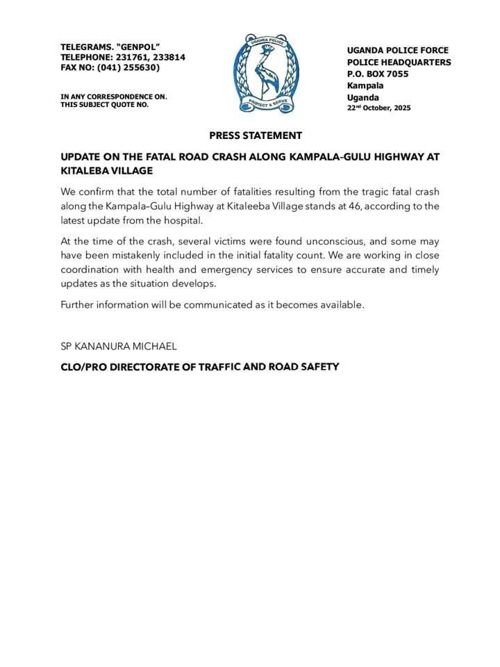 Latest update from <a href="/PoliceUg/">Uganda Police Force</a> on the tragic accident that happened last night.