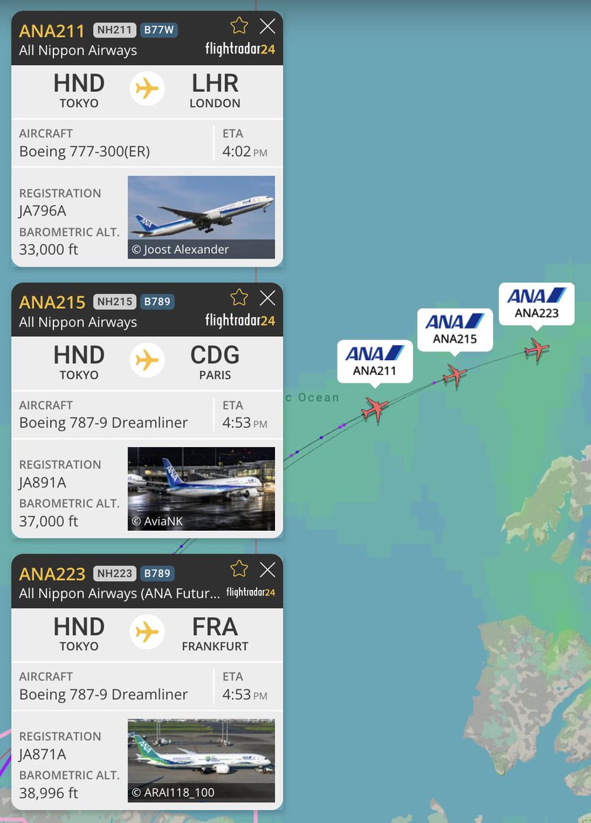 flightradar24's tweet photo. Seeing triple? A trio of @FlyANA_official  aircraft currently overhead the Arctic Ocean, enroute three of Europe’s busiest airports. https://t.co/DGb1Rxe53Y https://t.co/5vaiQ13GVG