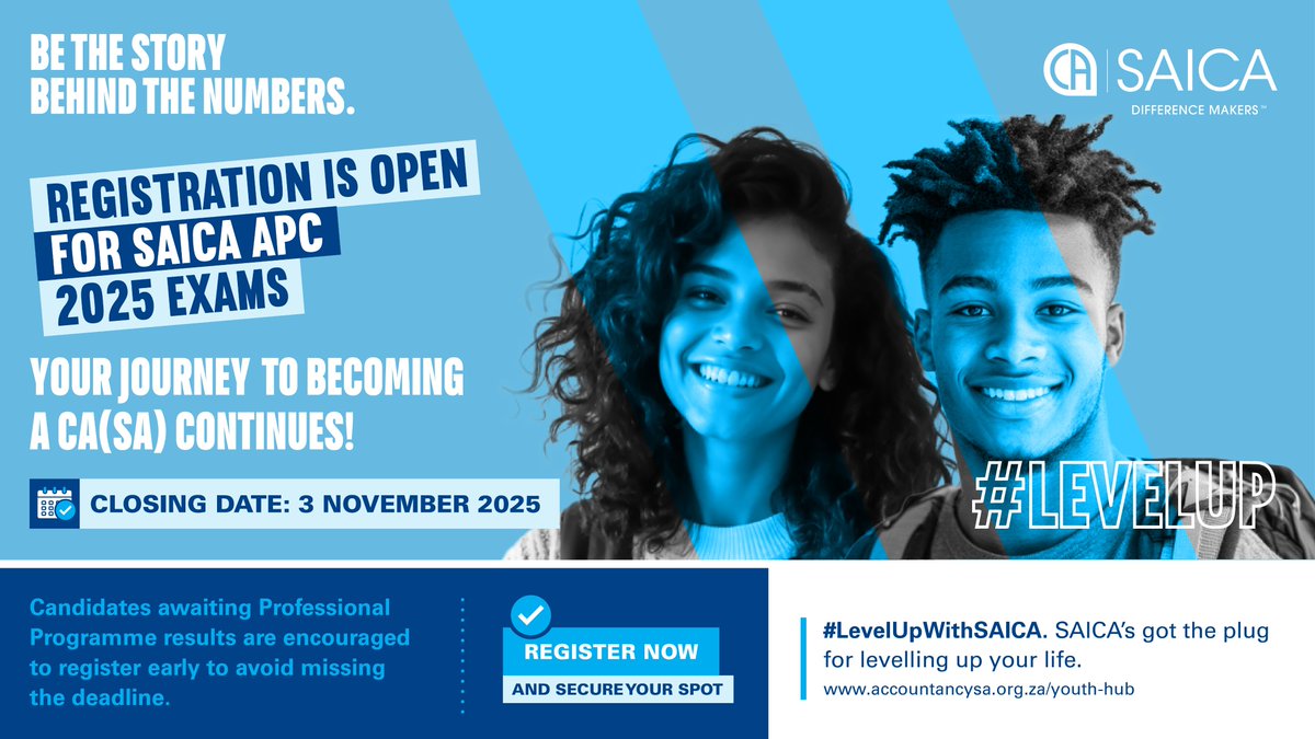 ⚠️ Only a few days left! ⚠️
Don't miss your chance to take the next critical step in your CA(SA) journey!

The registration deadline for the SAICA APC exams is 3 November 2025.

This is your final reminder to secure your spot for the 2025 Assessment of Professional Competence.