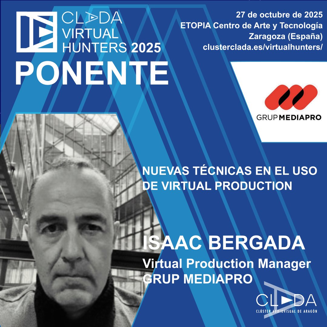 Isaac Bergada Virtual Production Manager en <a href="/GRUPMEDIAPRO/">GRUP MEDIAPRO</a> uno de los protagonistas de #VirtualHunters2025 

📅 27 de octubre de 2025
📍 ETOPIA – Zaragoza
 👉 Inscríbete en clusterclada.es/virtualhunters/

#CLADA #Audiovisual #Innovación #IA #ProducciónVirtual #Videojuegos #Tecnología