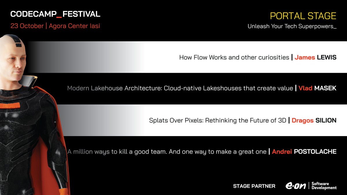 Codecampro's tweet image. Unleash your Tech Superpowers on the Portal Stage!

Get ready to level up your technical skills! This stage is packed with powerful content focusing on technology flow, modern data architecture, 3D graphics, and team 

Full event details: codecamp.ro/codecamp-festi…