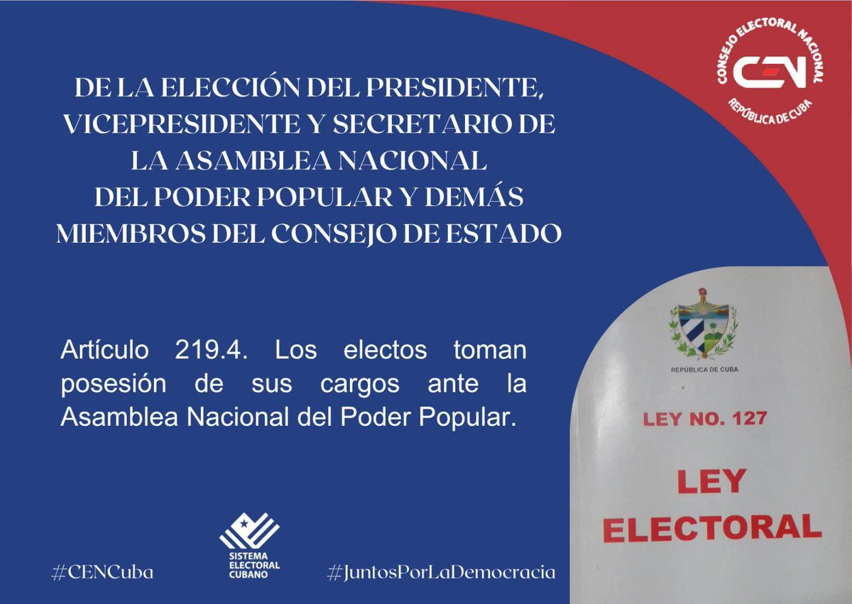 Elecciones_Cuba's tweet image. #CENCuba🇨🇺/ La Ley Electoral No. 127 define que los electos toman posesión de sus cargos ante la Asamblea Nacional 🇨🇺del #PoderPopular 👇👇
#JuntosPorLaDemocracia