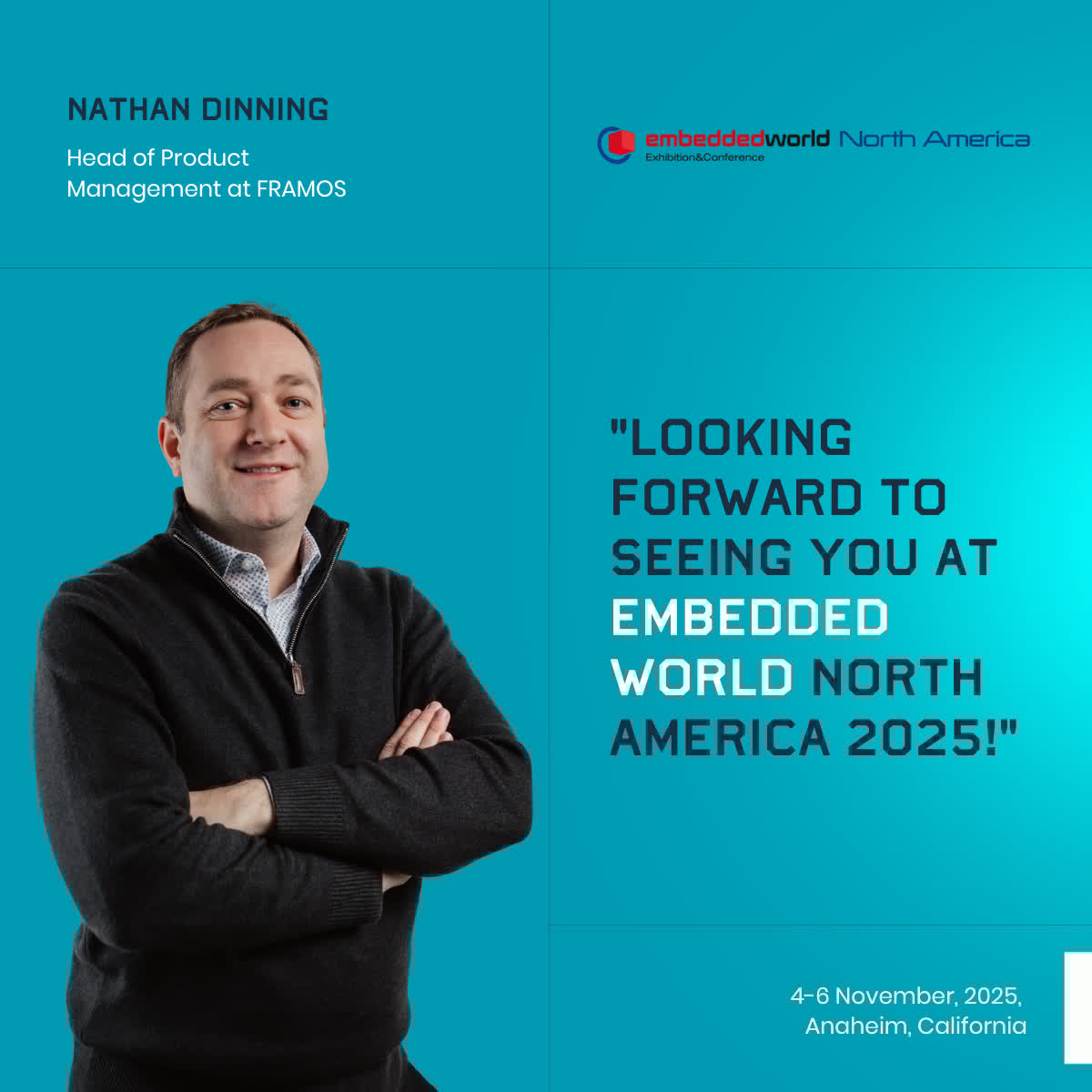 framosimaging's tweet image. Meet FRAMOS at Embedded World North America 2025! 🚀

📅 Nathan Dinning, our Head of Product Management, has a few time-limited meeting slots during the show - don&apos;t miss your chance to connect!

👉 Secure your slot today: framos.com/events/embedde… 

#EmbeddedWorldNA #FRAMOS