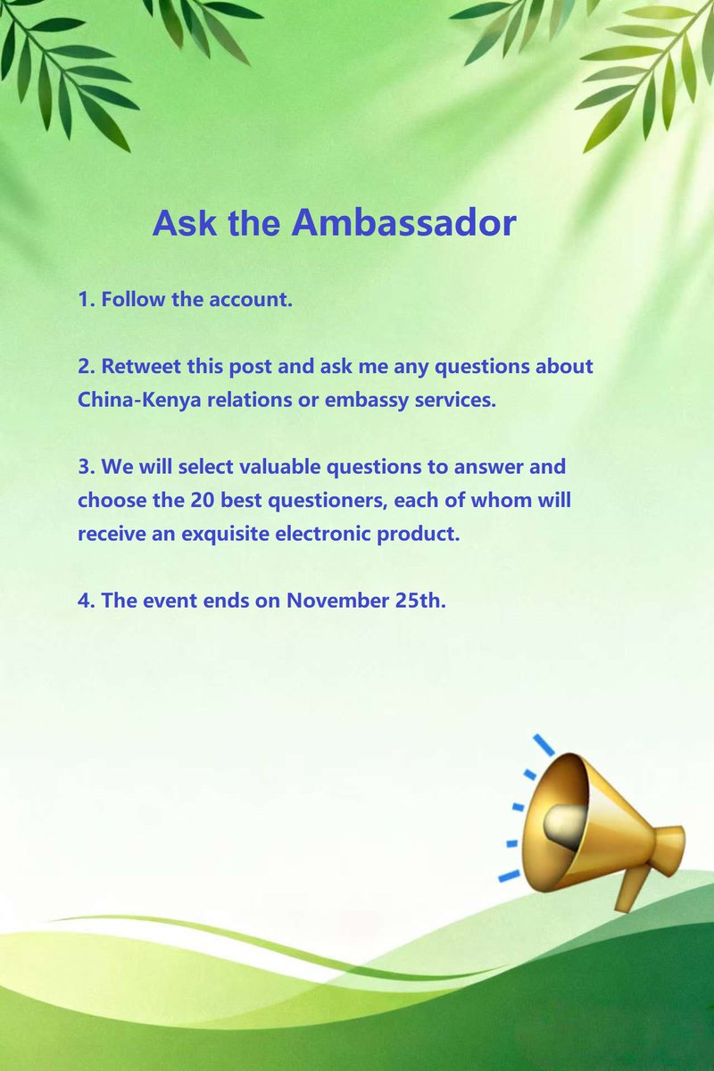 Jambo! This year, #China–#Kenya relations have grown rapidly and been elevated to China-Kenya Community with a Shared Future for the New Era. Do you have any questions about China–Kenya relations or the services provided by our Embassy? Feel free to ask me anything ! We will