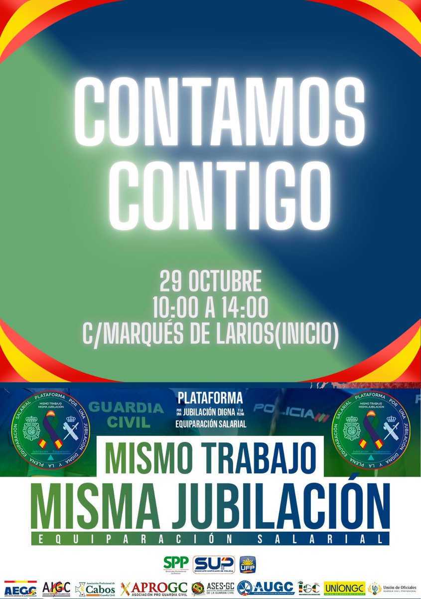 CONTAMOS CONTIGO‼️
👥👤👥👤👥👤👥👤👥
<a href="/PlataformaPNyGC/">Mismo Trabajo Misma Jubilación</a>

📅 29 de octubre 
🕖 10 a 14 horas.
📍Calle Marqués de Larios
👉🏼 MADRID