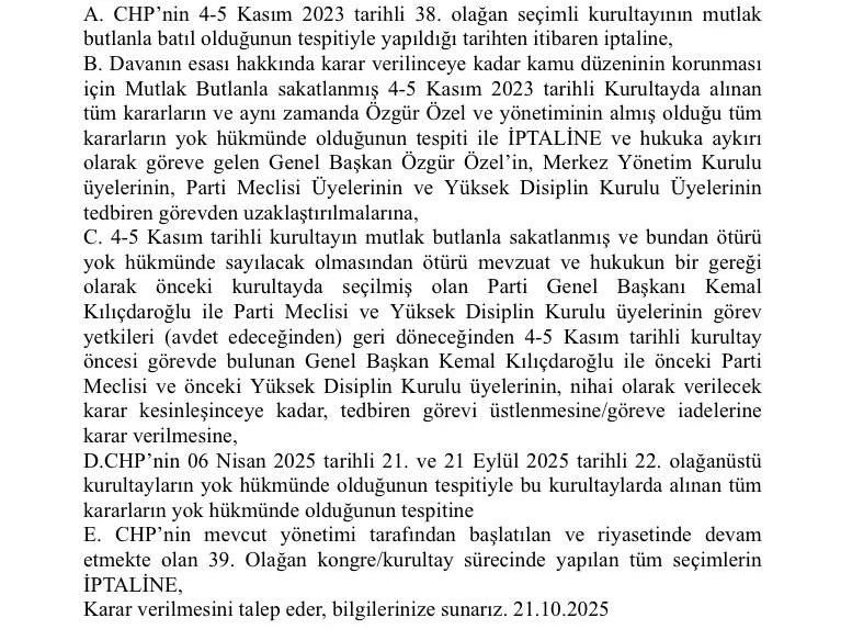 Eski Hatay Büyükşehir Belediye Başkanı Lütfü Savaş'ın da aralarında bulunduğu önceki CHP kurultay delegeleri  Ankara 42. Asliye Hukuk Mahkemesi'ne CHP'nin 39. Olağan Kurultayı sürecindeki il kongreleri seçimlerinin iptali istemiyle başvurdu