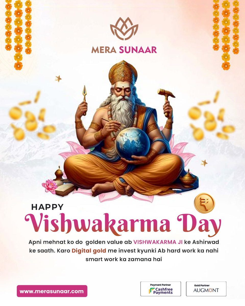 MeraSunaar's tweet photo. ✨ Celebrate the spirit of hard work &amp; innovation with blessings of #VishwakarmaJi!
Turn your efforts into golden value with 24K Digital Gold on #MeraSunaar 💛
Because today’s era is all about Smart Work &amp; Smart Savings.
🔗 https://t.co/xm3HWv9rFM
#VishwakarmaDay #DigitalGold https://t.co/AEDdZCEjW3