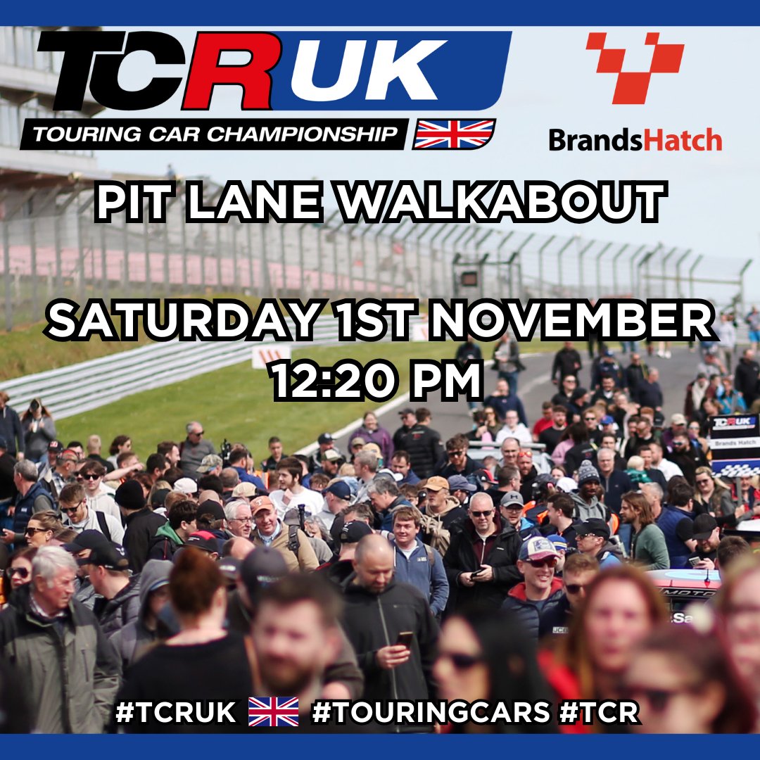 💥 PITLANE WALKABOUT - BRANDS HATCH 💥

The Pitlane Walkabout returns at <a href="/Brands_Hatch/">Brands Hatch</a> on Saturday, 1st of November, during the lunch break.

You'll be able to meet and greet the TCR UK drivers and teams, and have the chance to look around the cars during this session.

We'll