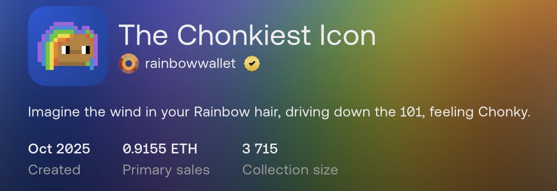 Mint NFT The Chonkiest Icon - last chance to join Rainbow Wallet airdrop! Only 1 day 11 hours left. Mint - 0.00025 ETH. Increases eligibility &amp; farms Rainbow Points!
Ref: bit.ly/Chonkiest_Icon
#NFT #airdrop #RainbowWallet