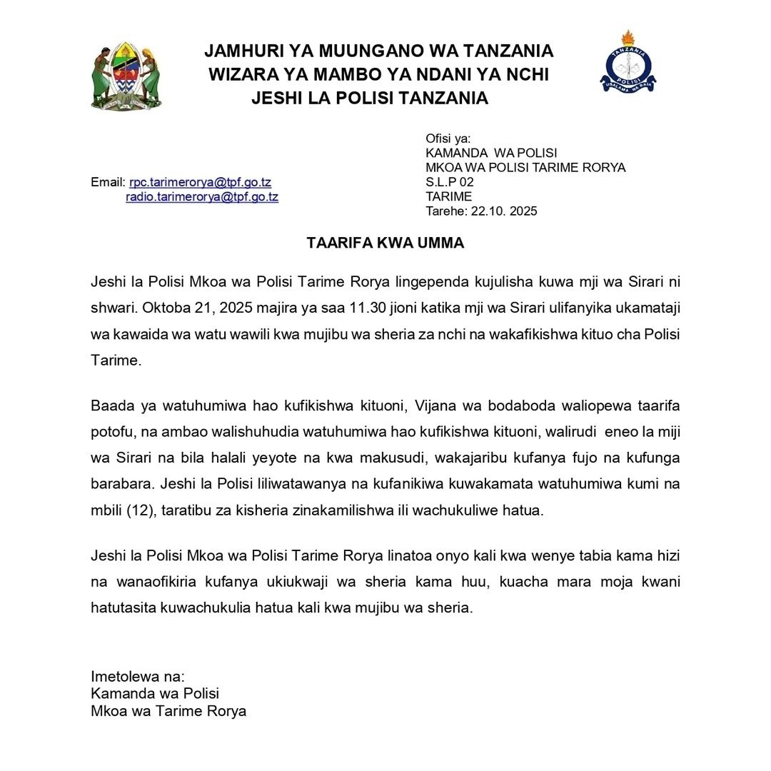 tanpol's tweet photo. TAARIFA YA KAMANDA WA POLISI TARIME RORYA https://t.co/UmVSaesJUa