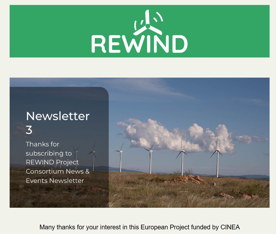 📢Our 3rd newsletter is here!   

We're thrilled to share the #REWINDnewsletter!   #REWIND_EU #CircularEconomy #EoL #WTB #CompositeMaterials #WindEnergy #CINEA #EUGreenDeal   

SUBSCRIBE NOW: bit.ly/4o5baT3

♻️ #Reuse + #Recycle + #Rethink = #REWIND ♻️
<a href="/cinea_eu/">CINEA 🇪🇺</a>
