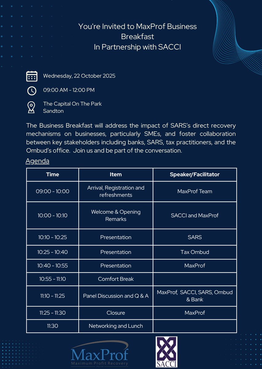 Tax complaint? Don’t stress

The OTO offers a FREE service to help you tax complaints against SARS. 

Fundiswa Ngqeleni, Acting Senior Manager: Operations, is addressing guests at the <a href="/SACCIza/">South African Chamber of Commerce and Industry</a> <a href="/maxprofsa/">MaxProf</a> Business Breakfast at, The Capital on the Park, Sandton promoting Taxpayers
