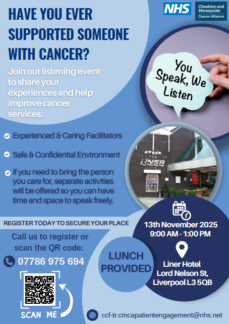 PatientWuth's tweet photo. 📢 Have you supported someone with cancer?📢

Come down and share your experiences to help improve cancer services in a safe and confidential environment.  

📍Where: Liner Hotel, L3 6QB
📆 When: 13th November 2025. 9am-1pm

#patientexperience #cancercare #CancerAwareness #NHS https://t.co/hHPrYQyC6d