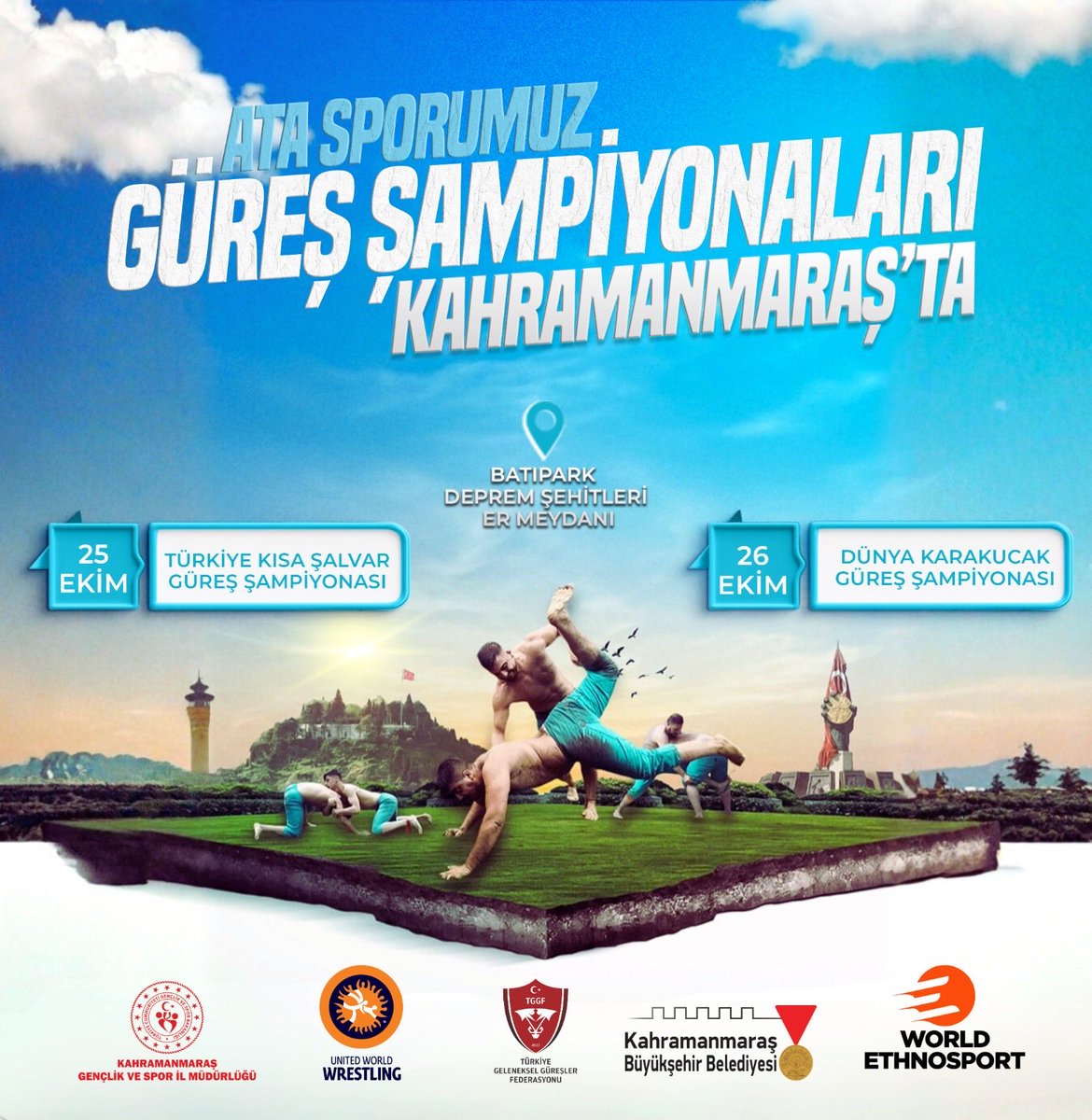 25 Ekim 2025 tarihinde düzenlenecek olan Türkiye Kısa Şalvar Güreş Şampiyonası ve 26 Ekim 2025 tarihinde 1. Dünya Karakucak Güreşi Şampiyonası, Batıpark Deprem Şehitleri Er Meydanı’nda gerçekleştirilecektir.