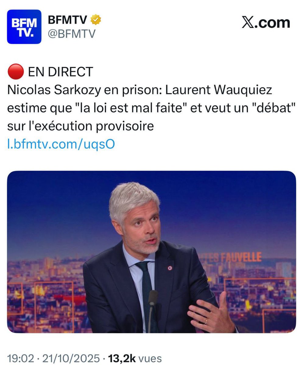 Alors qu’il y a quelques mois il trouvait la justice trop laxiste, Laurent Wauquiez estime que "la loi est mal faite" et veut un "débat" sur l'exécution provisoire.

"Je ne comprends pas l'exécution provisoire avec mandat de dépôt à l'encontre de Nicolas Sarkozy."

🙈🤡🤡🤡