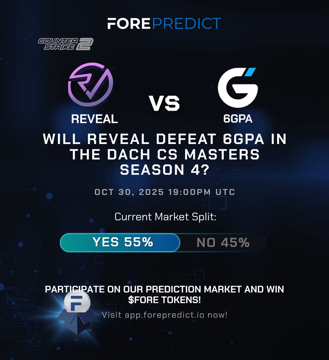FORE_Predict's tweet photo. The DACH CS Masters are heating up. Will Reveal defeat 6GPA in the DACH CS Masters Season 4? Predict the winner for a chance to win $FORE tokens! Participate here▶️https://t.co/faab82ZFTT
#predict #esports #FOREPredict #predictionmarket #crypto #cs2 https://t.co/tJklqTJvnh