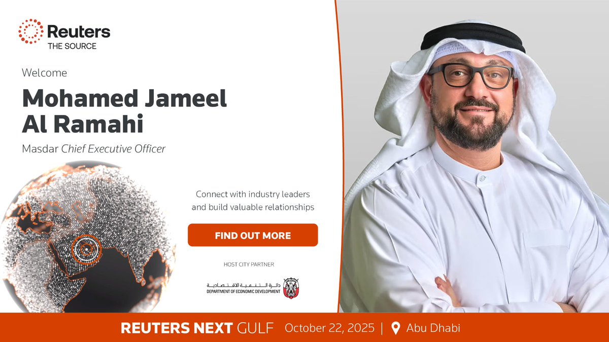 #Masdar’s CEO, Mohamed Jameel Al Ramahi, will be speaking @Reuters_NEXT Gulf today around 5 PM GST to discuss how Masdar is continuing to drive the energy transformation as it scales to 100GW of clean energy capacity by 2030. 

Watch live here: events.reutersevents.com/next/gulf?utm_…