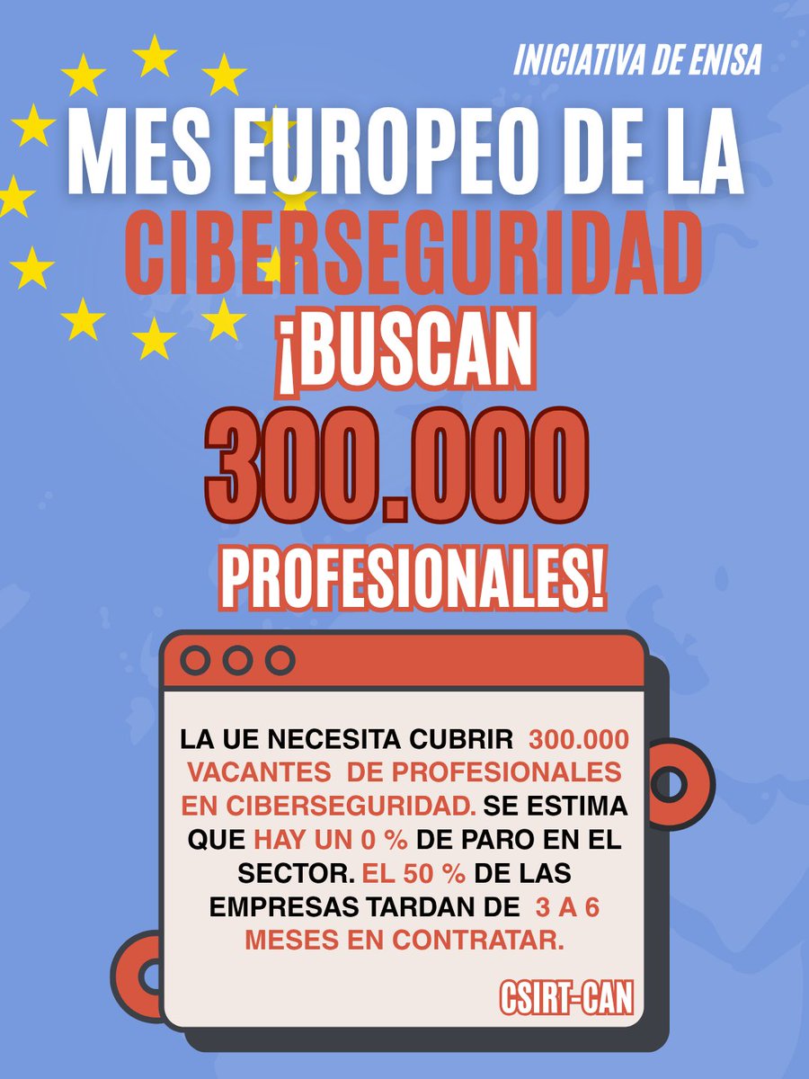 🔍¡Buscan 300.000 perfiles de ciberseguridad!
Sí, leíste bien, la Unión Europa tiene un déficit de especialización, mientras que aumentan un 72 % las amenazas. Encontrar profesionales comprometidos con la seguridad online es más necesario que nunca.
#ciberseguridad #unióneuropea