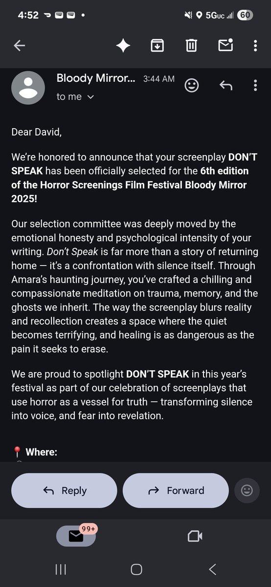 scriptsbydavid's tweet photo. Thank you Horror Screenings Film Festival Bloody Mirror! 🥰

#dontspeak #officialselection #screenplay #screenwriting #indiefilm #shortfilm #horror #PsychologicalThriller #movie #suspense #Filmmaking https://t.co/vcefwwilud
