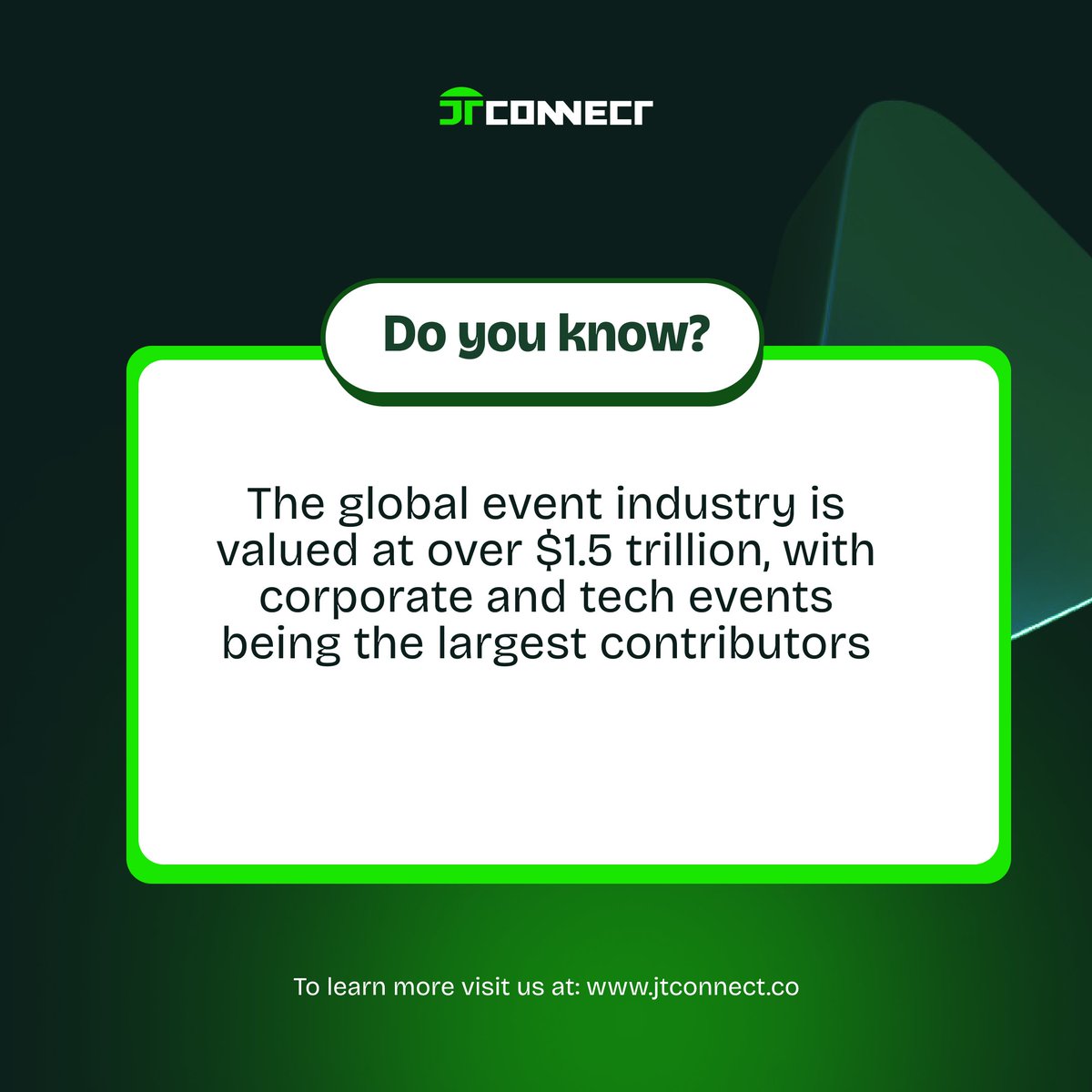 jtconnect2's tweet image. 🧠 Fact of the Day

The global event industry is valued at over $1.5 trillion, with corporate and tech events being the biggest contributors. 

❤️ Like
👉 Retweet and tag a friend who should know this!

#EventTech #Innovation #JTConnect #TechEvents #Networking #BusinessGrowth