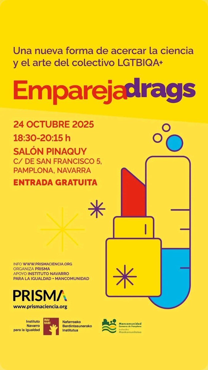 Participo como #investigadora en #Enfermería en este evento de <a href="/PRISMAciencia/">PRISMA LGTBIQA+</a> ¡anímate a venir!
🗓️ viernes 24 de octubre 
⏰ 18:30h a 20:30h
📍 Salón Pinaquy, #Pamplona. (C/ San Francisco, 5).
🎟️ Entrada gratuita previa inscripción en: eventbrite.es/e/entradas-emp…
#Ciencia y #Arte