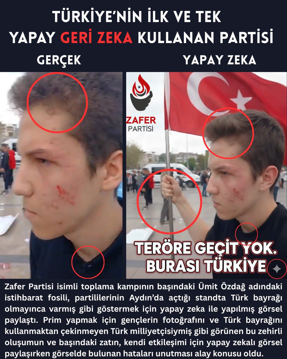 Gerçeğini paylaşamadığın için şanlı Türk bayrağımızı bile yapay zeka ile fotoğrafa yerleştirmeye çalışan saksı milliyetçisi ümit! Kendiniz sahip çıkamayacağınız için mi milleti standa sahip çıkmaya çağırıyorsun korkak ümit?