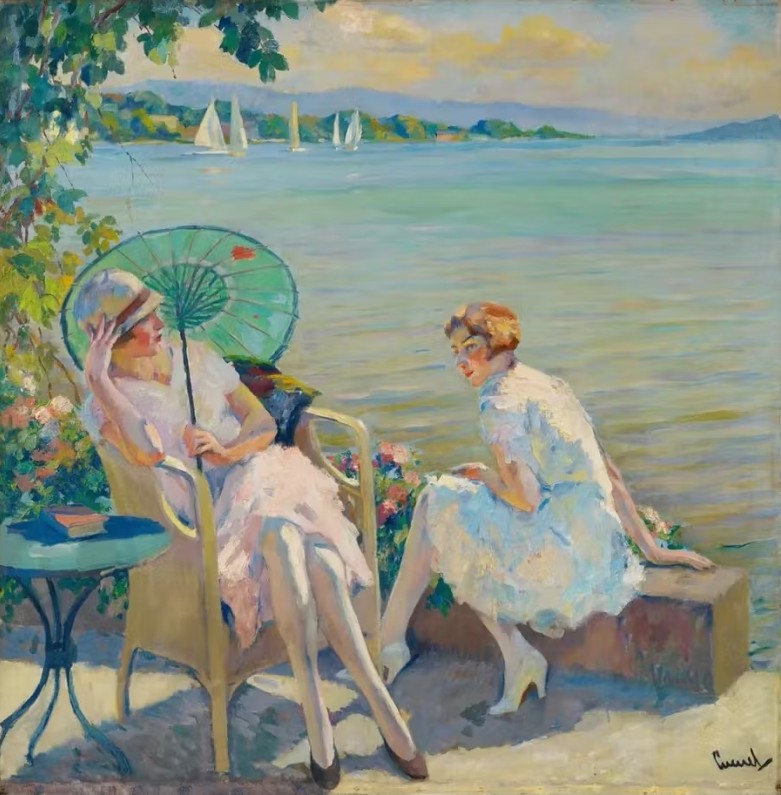 Le vêtement et l’accessoire féminins en rose et en peinture pour #Octobrerose2025
✦ Edward Cucuel 🇺🇸, Deux jeunes filles au lac de Starnberg, après 1918