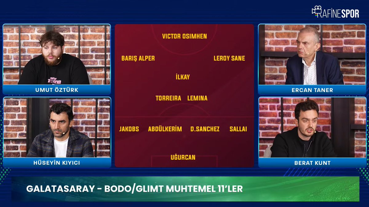 Galatasaray’ın Bodo/Glimt maçı muhtemel 11’i.

📹 Canlı Yayın: ytbe.app/go/O3FcLW1h