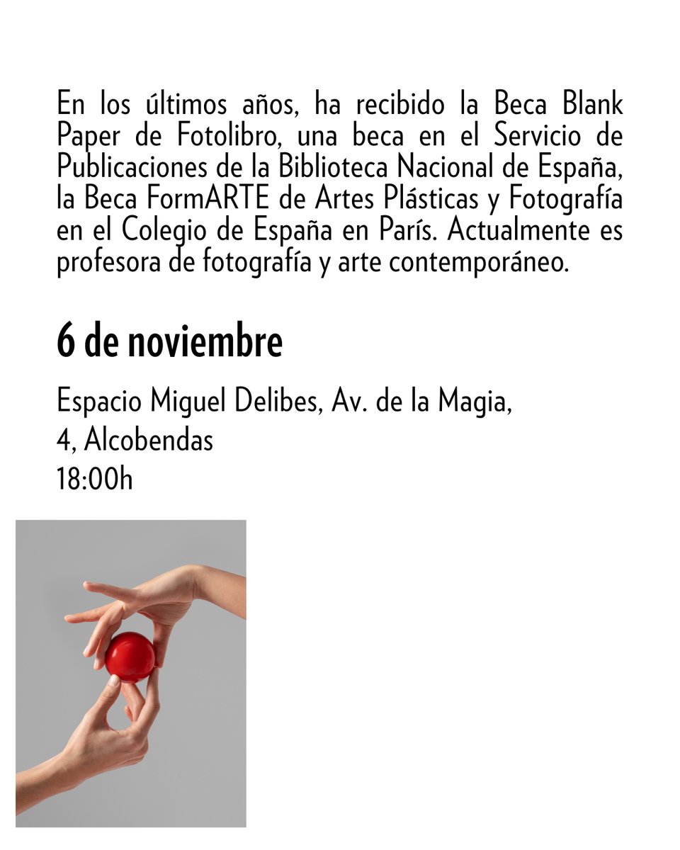 💫 Masterclass con Laura San Segundo, artista y docente cuya obra explora los límites entre la imagen, la memoria y la ficción.
🗓️ 6 de noviembre
⏰ 18:00 h
📍 Espacio Miguel Delibes, Av. de la Magia, 4 — Alcobendas
👉alcobendas.org
<a href="/Alcobendas_ayto/">Ayuntamiento Alcobendas</a> <a href="/la_fabrica/">La Fábrica</a>