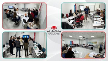 First image shows a promotional graphic with the Milli Egitim Akademisi logo and text in Turkish about ongoing trainer training courses for psychological counselors and guidance teachers focusing on well-being and peer bullying, including a raised hand and group setting illustration. Second image depicts a large group of diverse professionals including men and women in formal attire standing together on a stage in a conference room with wooden paneling, Turkish flags, and a portrait on the wall. Third image is a collage of four scenes: participants seated around tables in a classroom with notebooks and a projector, another group discussion with balloons, and educators interacting in training sessions. Fourth image is another collage showing similar classroom activities with participants engaged in discussions around tables, using projectors and whiteboards in educational environments.
