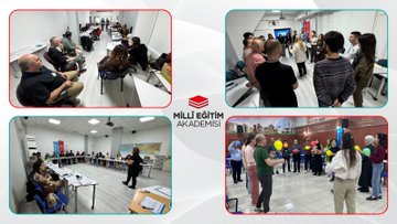 First image shows a promotional graphic with the Milli Egitim Akademisi logo and text in Turkish about ongoing trainer training courses for psychological counselors and guidance teachers focusing on well-being and peer bullying, including a raised hand and group setting illustration. Second image depicts a large group of diverse professionals including men and women in formal attire standing together on a stage in a conference room with wooden paneling, Turkish flags, and a portrait on the wall. Third image is a collage of four scenes: participants seated around tables in a classroom with notebooks and a projector, another group discussion with balloons, and educators interacting in training sessions. Fourth image is another collage showing similar classroom activities with participants engaged in discussions around tables, using projectors and whiteboards in educational environments.